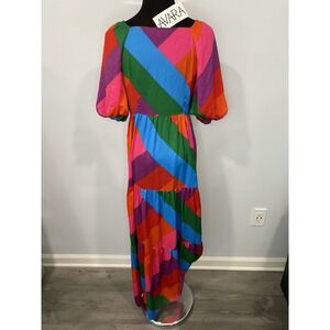 Skies are Blue Bright Color Block Maxi Tiered Ruffle Dress Puff Sleeve Women's S